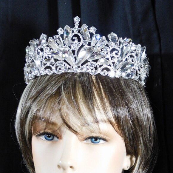 Wedding Silver Clear Rhinestone Crystal Large Tiara Crown Bridal Pageant - Picture 1 of 9